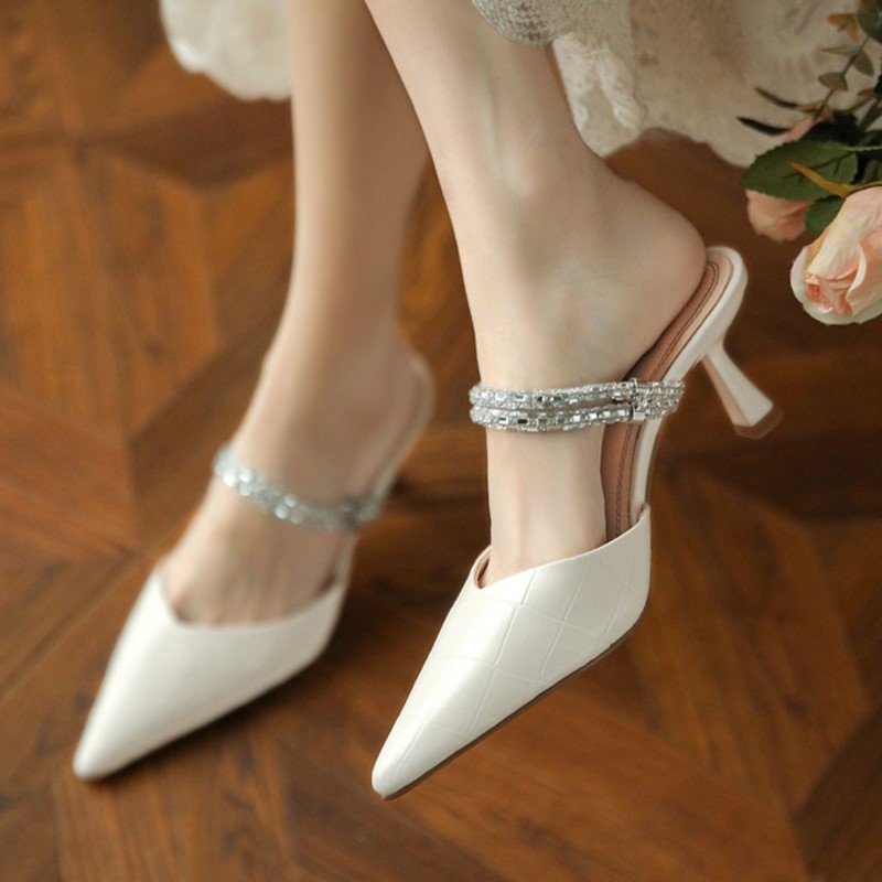 Women's Slippers Pointed Toe High Heels Bling Dress Shoes Elegant Wedding Shoes Crystal Slides for Female Summer Spring 1625N