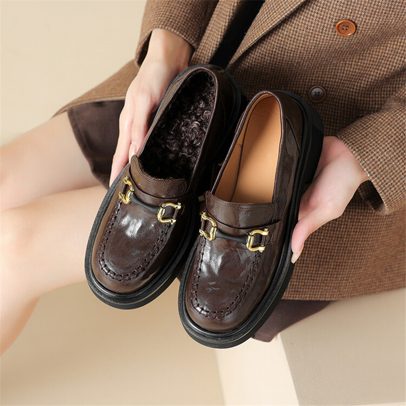 New Autumn Winter Genuine Leather Loafers Woman Shoes Chunky Heel Round Toe Shoes for Women Ladies Shoes Platform Women Pumps
