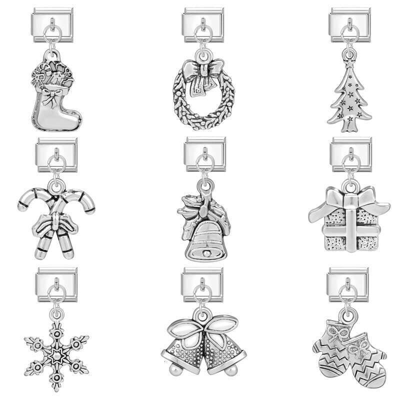 New Women's Gift Christmas Bell Socks snowflake Pendant Italian Charms Links Bangle Beads Fit 9mm Stainless Steel Bracelet Making DIY For Women F