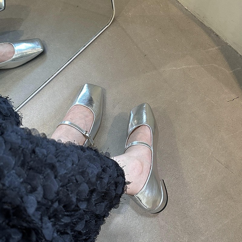 Femme Zapatos French Women Shoe Spring Low Heel Silver Leather Shoe Thick Heel Elegant Women Mary Jane Single Shoe туфли женские
