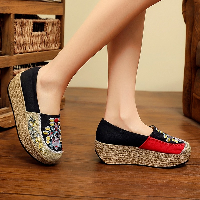 Shoes face Embroidered Women Canvas 5cm Flat Platform Vintage Handmade en Cotton Slip-on Sneakers Ladies Thick Bottom e06b