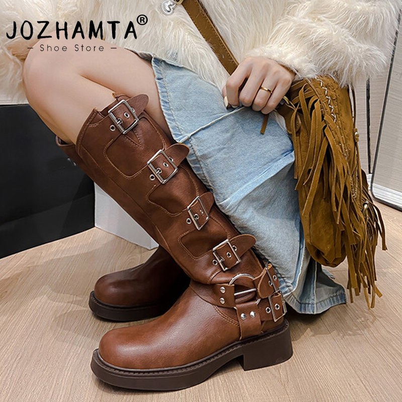 JOZHAMTA Size 34-40 New Women Knee-High Genuine Leather Metal Buckle Shoes Woman Casual Autumn Winter Motorcycle Boots