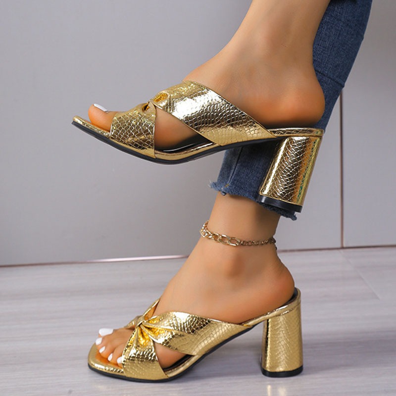 Women Heel Slippers Summer Block High Heels Women Slip on Mules Plus Size 42 Casual Daily Fashion Women Gold Open Toe Slides