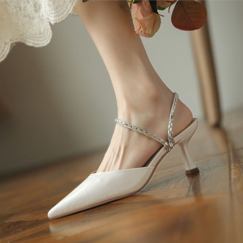 Women's Slippers Pointed Toe High Heels Bling Dress Shoes Elegant Wedding Shoes Crystal Slides for Female Summer Spring 1625N