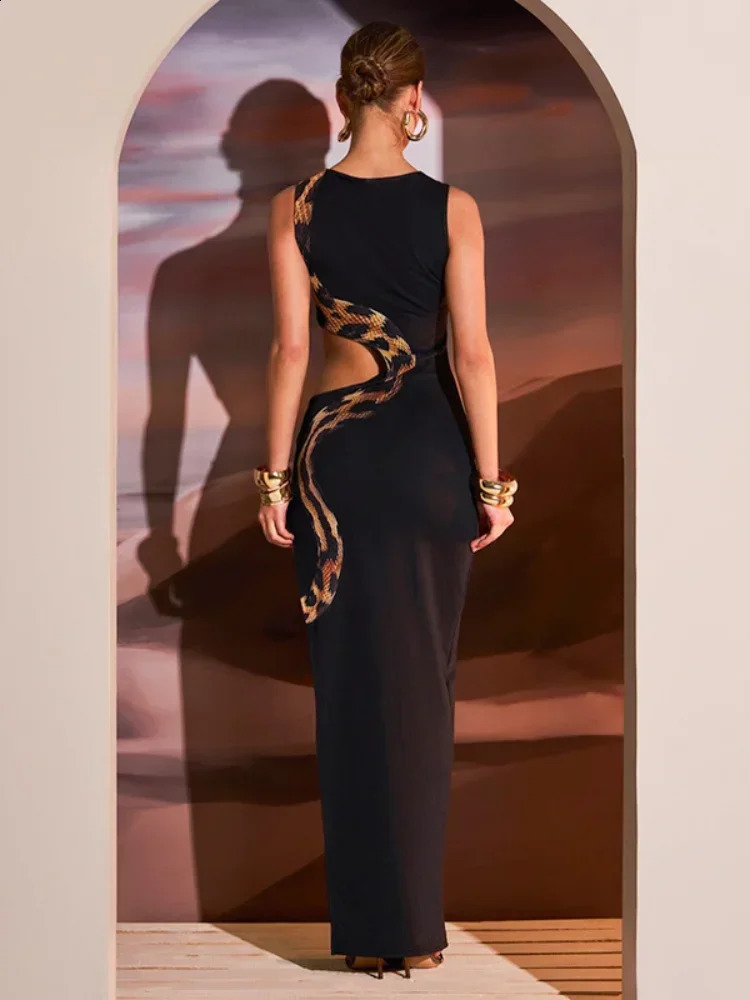 Fashion Black Snake Printed Hollow Out Long Dres Sexy O Neck Sleeveless High Split Slim Robes 2024 Lady Party Night Gowns 240913
