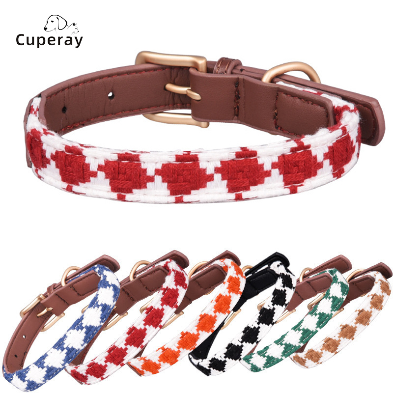 Woven Check Pet Collar, Adjustable Dog Collar Comfortable and Breathable with High Quality Hardware for Puppy Medium Dog and Cat