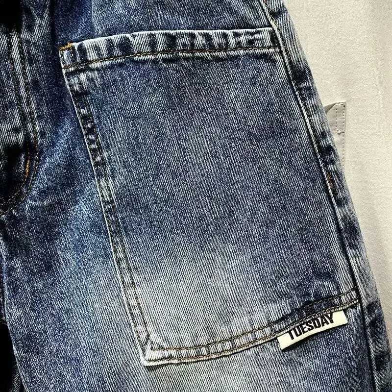Vintage Korean Style Clothes Mens Summer Casual Knee Length Denim Shorts Large Pockets Drawstring Blue Boyfriend Short JeansX240914