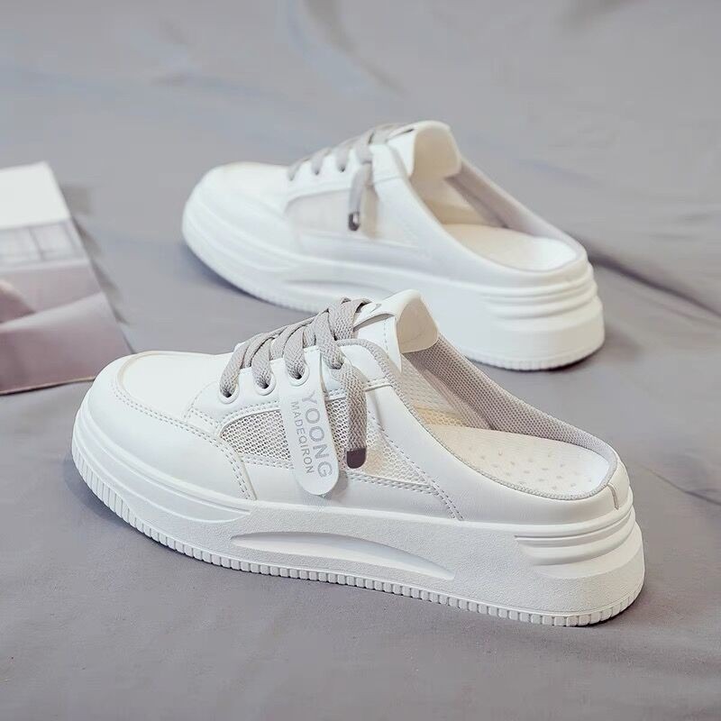 Round Head Lace-up Net Fabric Casual Slippers 2024 Summer Smiling Face Thick White Shoes Street Shoot Trend Net Women's Shoes