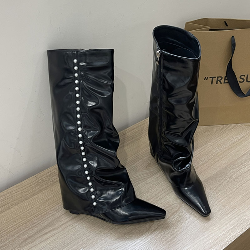 2025 NEW Fashion String Bead Women Knee High Boots Female Designer Footwear Modern Ladies Long Booties With Wedges Shoes hurenlakeshoes