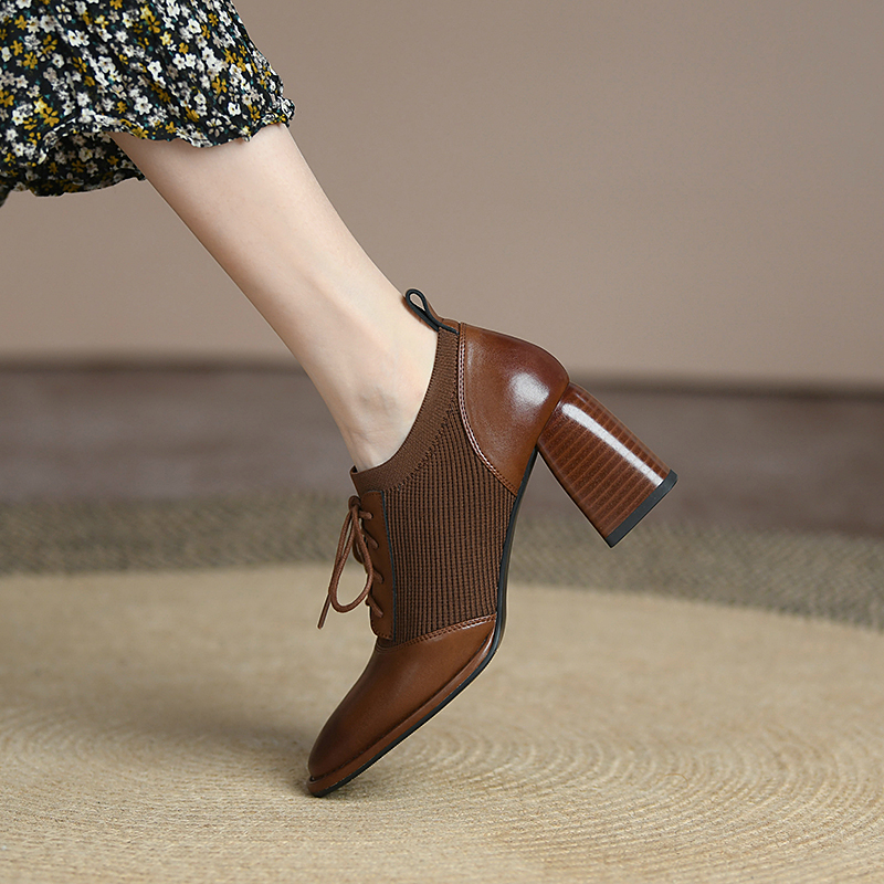 2025 new Spring shoes Pumps Square Toe Lace-Up Chunky Heel Casual Solid Split Leather for Women Heels Shoes 53ef