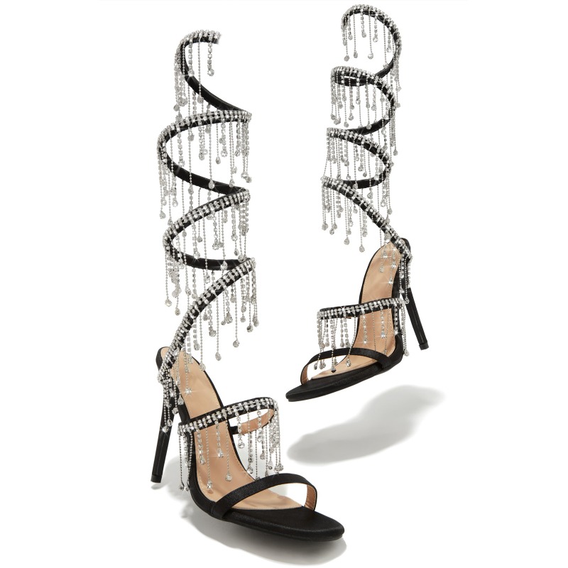 2024 Black Gold Wrap Rhinestone Pendant Sandals Woman Summer 11cm High Heel Crystal Chain Wedding Banquet Women Shoes Size 42
