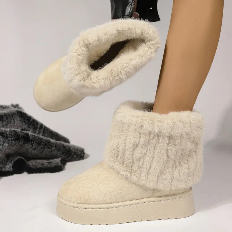 Shoes for Winter Slip on Women's Black Round Toe Solid ck Plush Warm Mid Heel Water Proof Casual Snow Boots Women a145