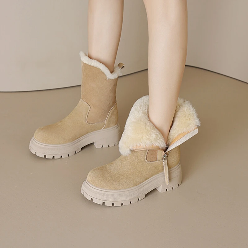 Round Winter Toe Thick Heel Cow Suede Leather Shoes for Women Warm Wool Blend Platform Snow Boots 4c97 Platm