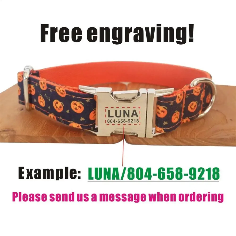 Personalized Halloween pet collar customized name ID tag adjustable cat cartoon bat pumpkin dog collar lead strap 240914