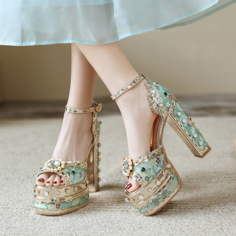 Luxury Pearl Rhinestone Design Sunflower Open Toe Sandals Retro Wedding Bride 14cm High Heels New Sexy Summer 34-43 Women Shoes