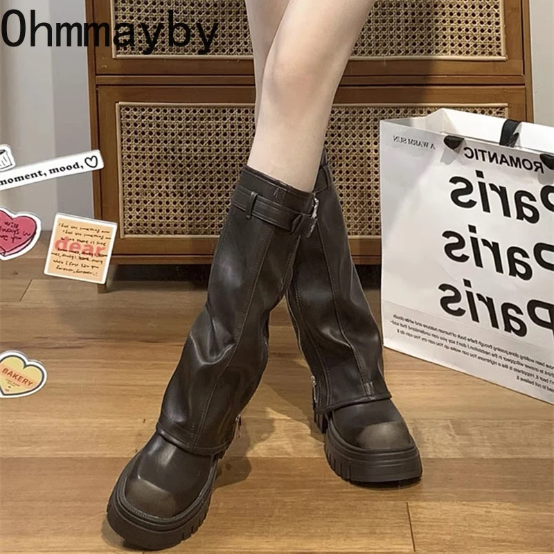 Platform Heel Knee High Boots Women Fashion Ladies Belt Buckle Knight Long Boots Autumn Winter Women's Thick Heel Shoes