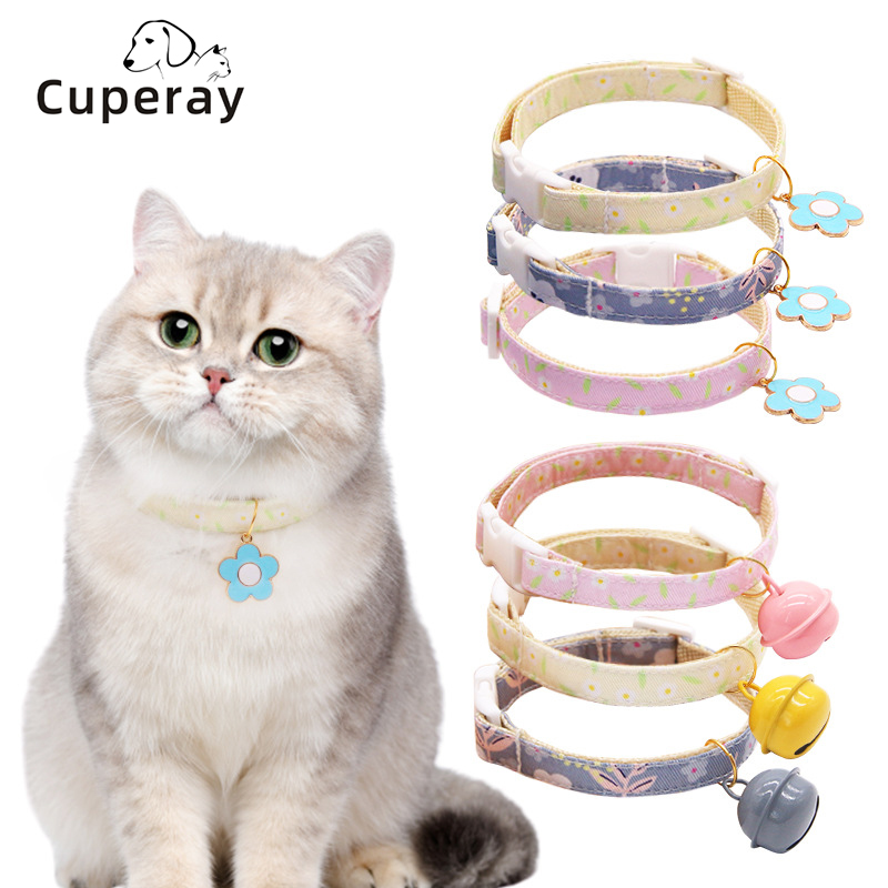 Pet Collar Adjustable Small Cat Dog Collars with Bell and Safety Buckle Necklace Cute Ornament Flower Fresh Small Flower Pattern