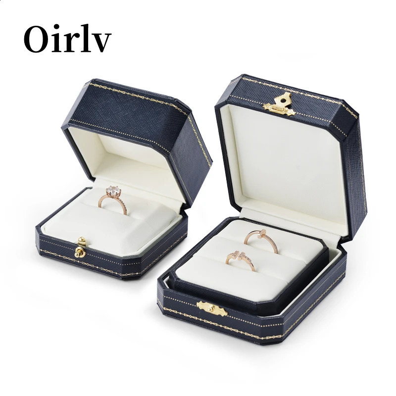 Oirlv Vintage Jewelry Box Original Design Elegant PU Leather Octagonal Vintage Jewelry Boxes Royal Blue Ring box for 2 Rings Box 240910