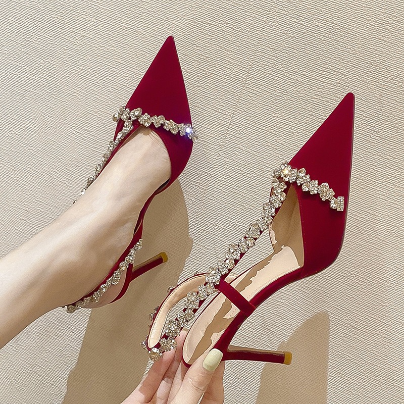 Baotou Summer Rhie Sandals Female One-e Strap Thin Heel Fairy Wind Pumps Super High Heels Red Wedding Shoes 8c23 s