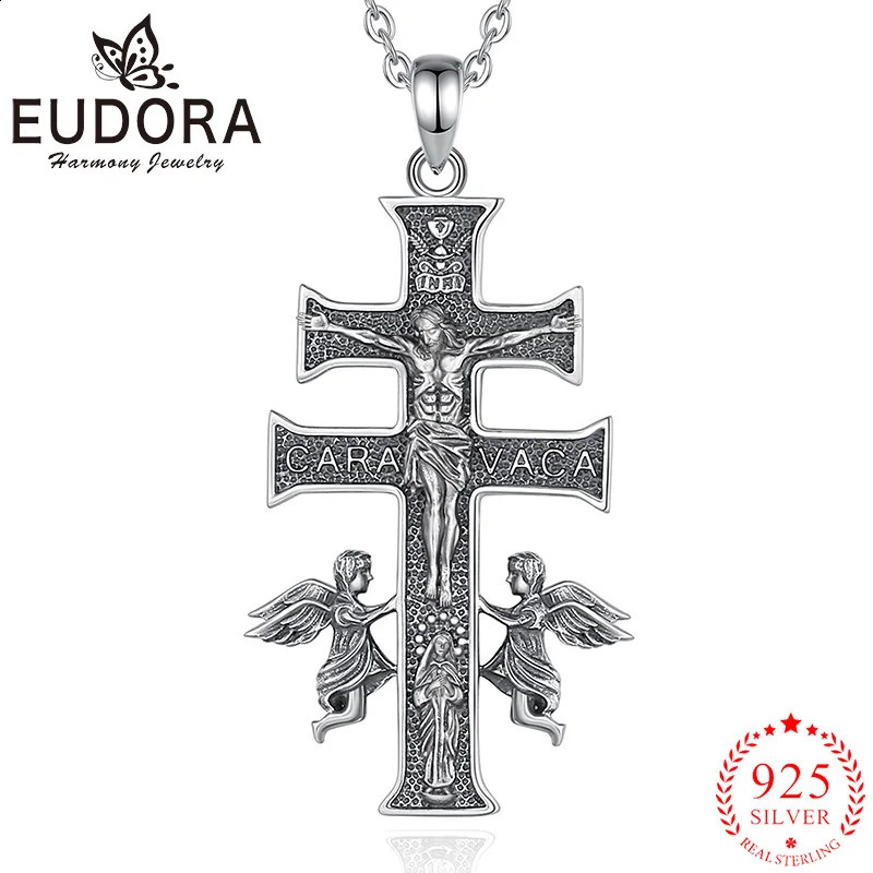 Eudora 925 sterling silver Karawaka cross necklace Jesus angel retro amulet pendant mens religious personality jewelry gift 240912