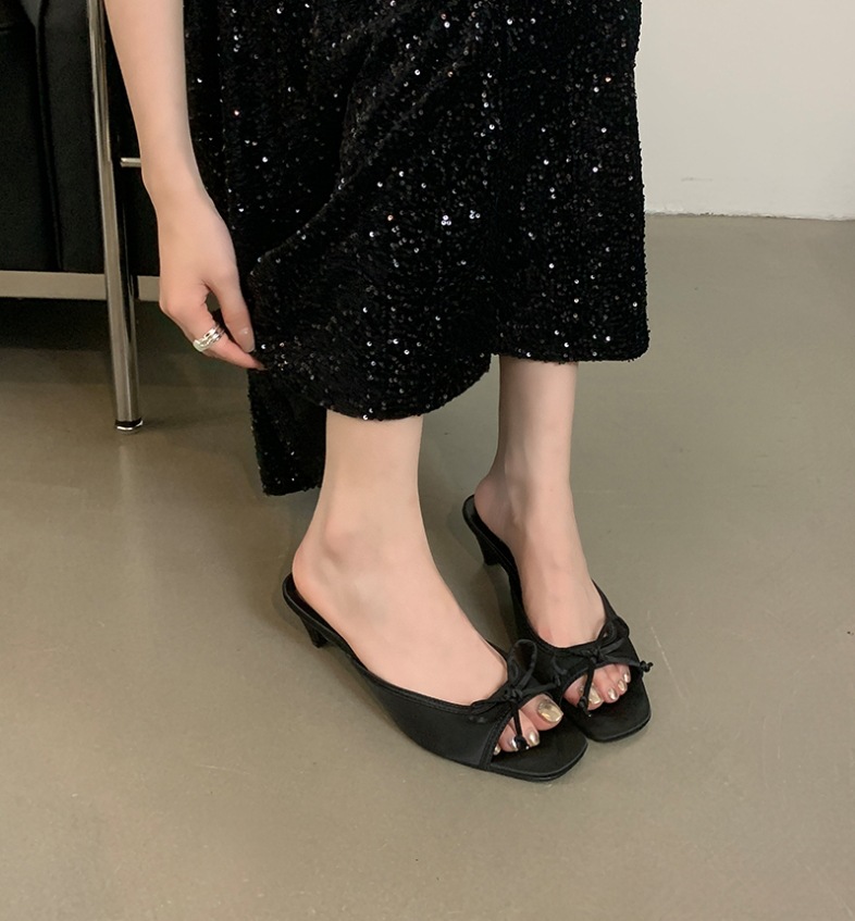 Shoes New Low Thin Heels Woman's Slippers Square Toe Slides Butterfly-Knot 2024 Butterfly-knot Rubber Fabric Silk PU Rome Hoof aa4a
