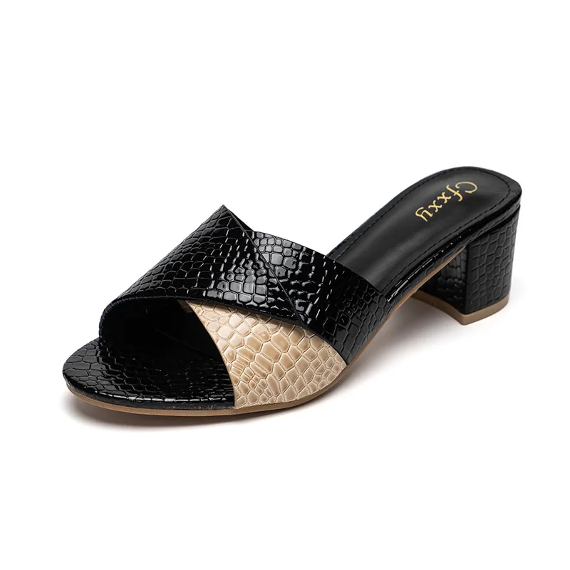 Women Slippers Summer Ladies Sexy Square Heels Pumps Fashion Snakeskin Slides OL Outdoor Casual Leather Sandals