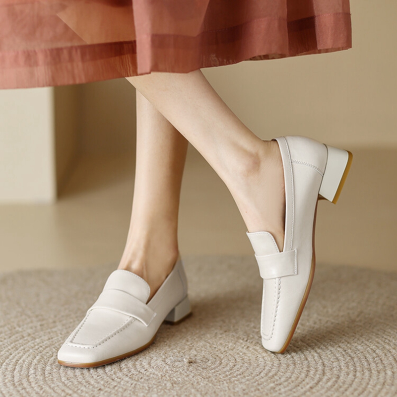 NEW Spring/Autumn Women Loafers Square Toe Chunky Heel Shoes Split Leather Shoes for Women Concise Low Heel Slip-on Women Pumps