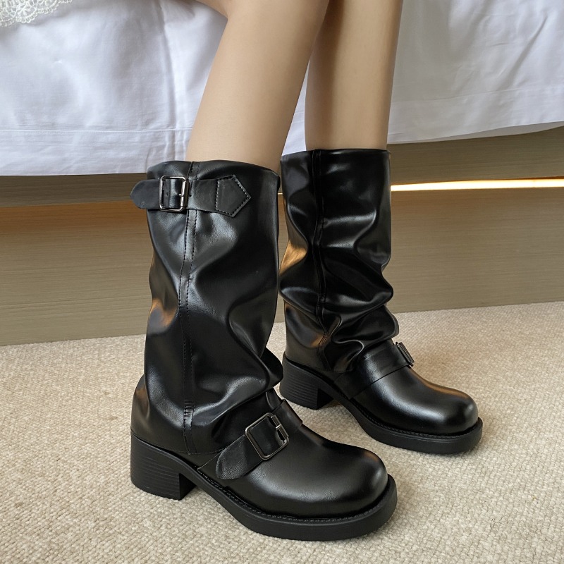 Pleated Belt Buckle Stacked Women New Retro Chunky Heel Thick Bottom Mid-calf Boots Street Fashion Western Cowboy Botas a58d