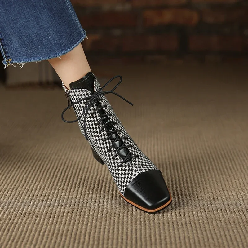 Fall New Shoes Cow leather Cotton Fabric Short Concise Round Toe Chunky Winter Lattice Modern Boots for Women 8c75