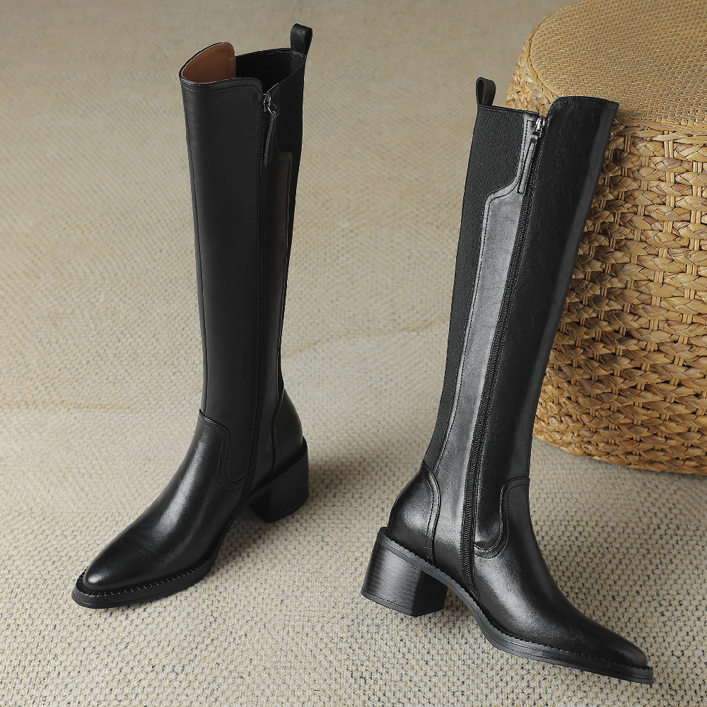 Women's genuine cow leather elastic fabric patchwork winter knee high boots side zip pointed toe 5cm thick med heel casual long boot c870