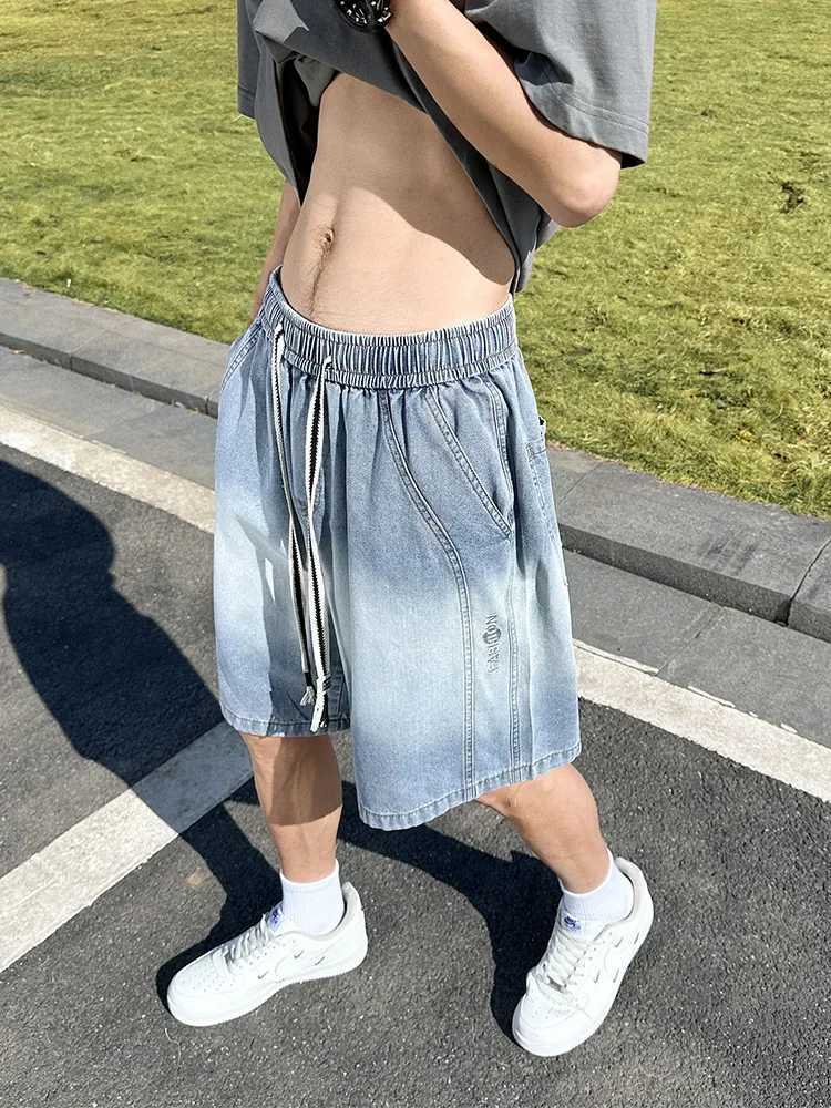2024 Summer Denim Shorts Men Large Size Gradient Color Washed Cotton Baggy Jean Shorts Drawstring Streetwear Y2K Short PantsX240914