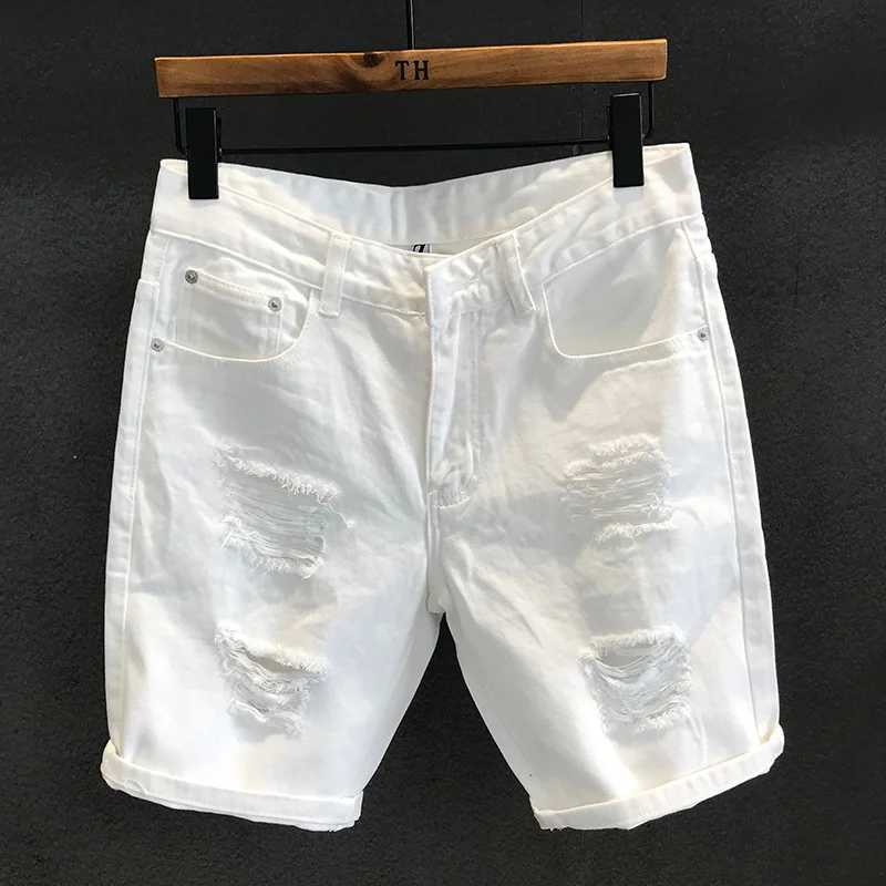 Summer Mens Fashion White Hole Washing Denim Shorts Leisure Scraped Beggar Straight Short PantsX240914