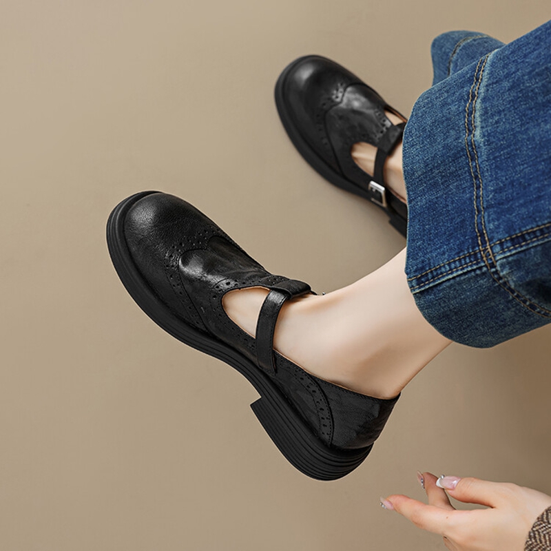 NEW Autumn/Spring Women Pumps Round Toe Chunky Heel Shoes Genuine Leather Shoes for Women Hollow Mary Janes Black Handmade Shoes