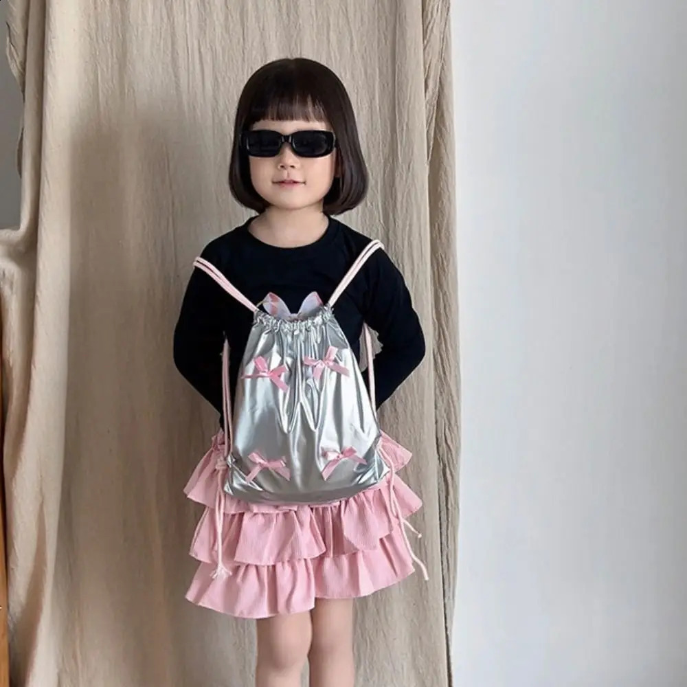 Korean style bow drawstring backpack silver Y2k nylon Ruched Knapsack solid color folding shoulder bag office staff 240912