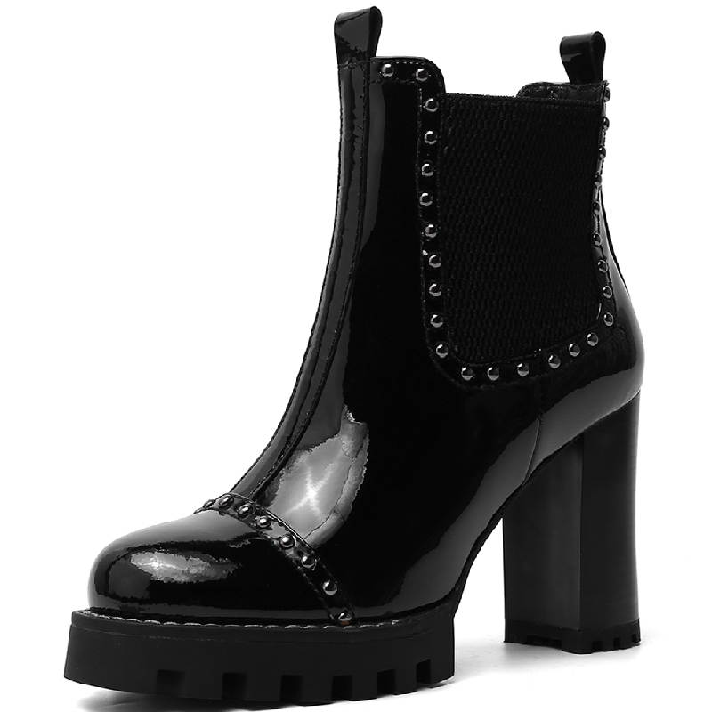 Leather Genuine Ankle Boots For Women Rivets Black Block Heel Short Boot Mirror Metallic Party Shoes y 087a