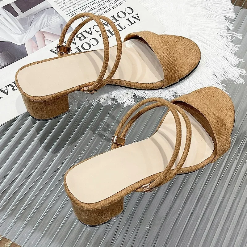 2024 summer Female open-toed wild thick suede med heels two wear sandals with New female Sandalias 2118