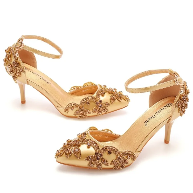 Summer High-heeled Women's Sandals Rhinestone PU 7CM Thin Heels Buckle Strap Mature Women's Shoes Golden Yellow Fashion