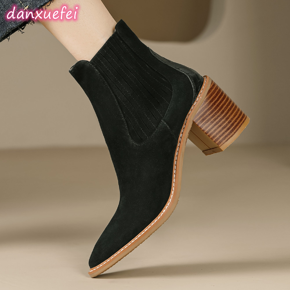 danxuefei women's natural suede leather autumn ankle boots 6cm thick high heel pointed toe slip-on OL style short booties shoes