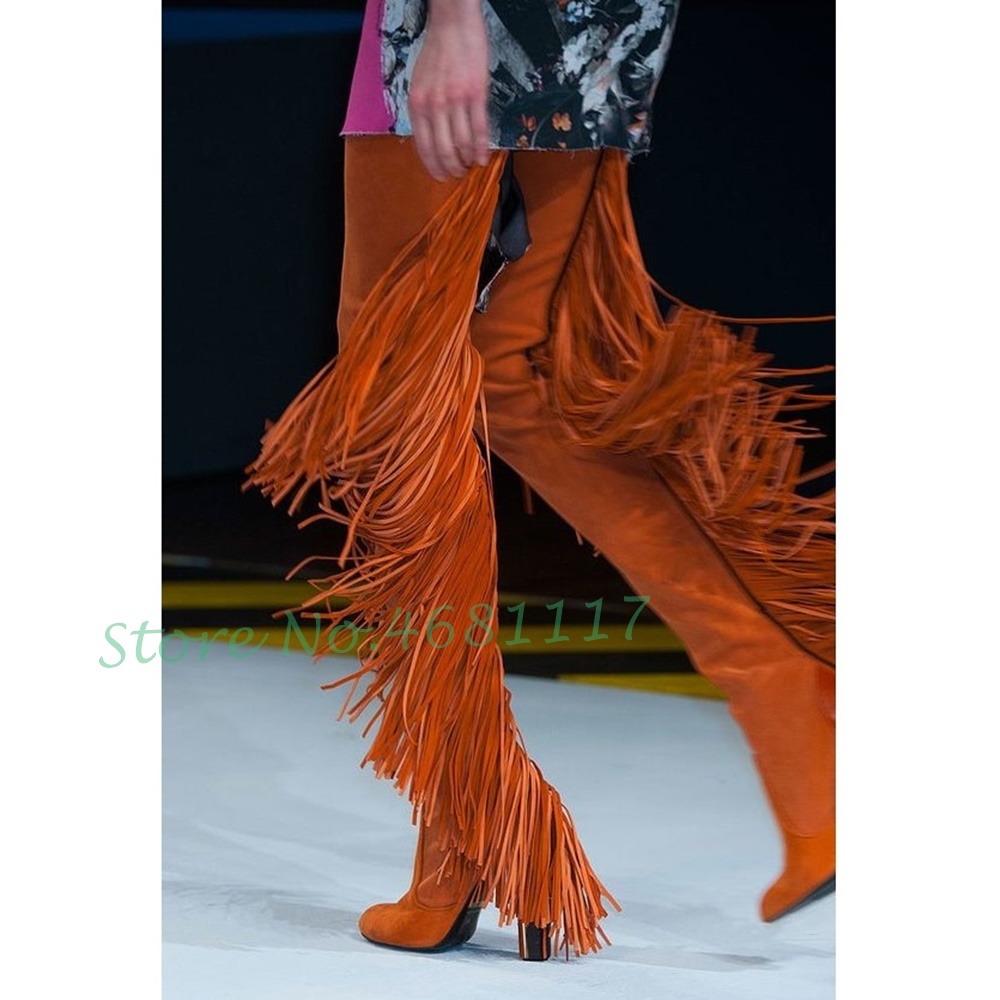Fringes Stretch Thigh High Boots Women High Block Heels Trending Orange Suede Boots Slip On Autumn Women Round Toe Fashion Shoes