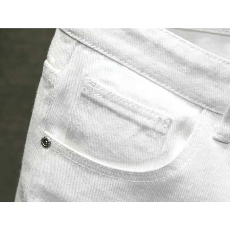 Streetwear Ripped White Denim Shorts Men New Fashion Knee Length Jeans Simple Casual Slim Hole Short Pants MaleX240914