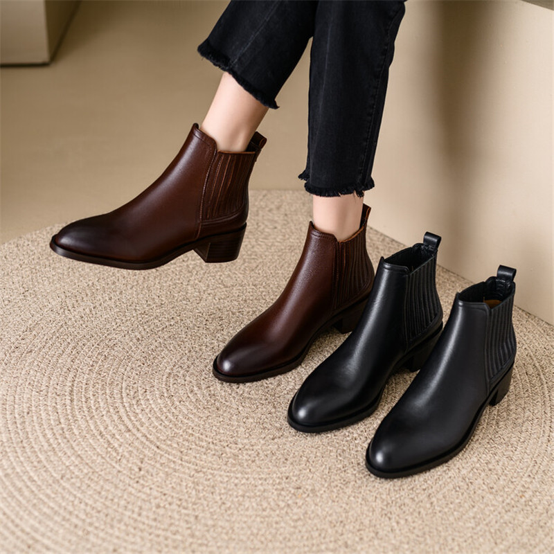 NEW Autumn Winter Genuine Leather Women Boot Fashion Short Boots Round Toe Chunky Shoes for Women Botas De Mujer Chelsea Boots