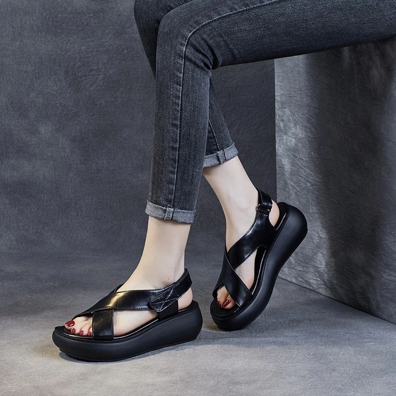 Women's Cross Strap Retro Sandals Soft Leather Platform Summer Thick Sole High Heels Ladies Wedges Shoes For Women Eu 35-40