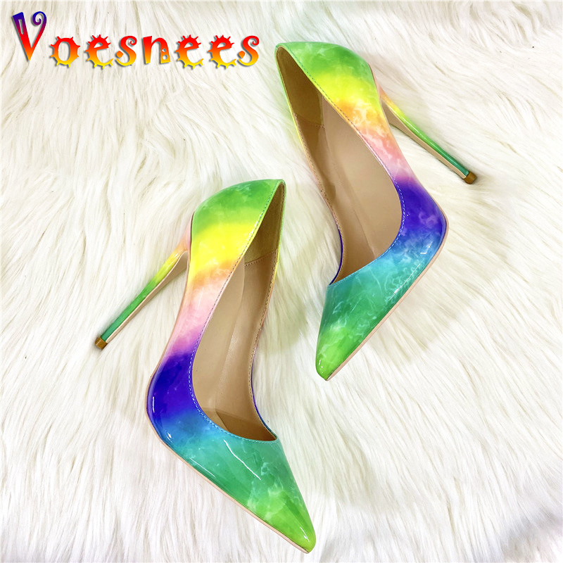 Rainbow Single Shoes 2024 Spring New Gradient Color High Heels 12CM Pointed Casual Shoe Club Women Shallow Mouth Big Size Pumps