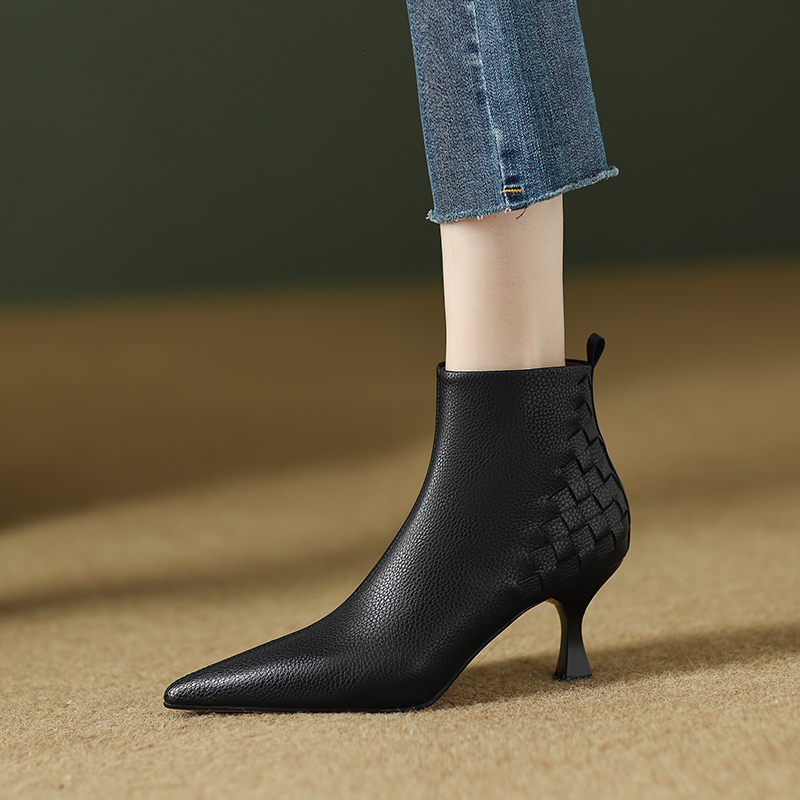 2024 Pointed Toe Ankle High Heels Women Thin Heel Short Boots Genuine Leather Winter Modern Ladies Shoes 7554