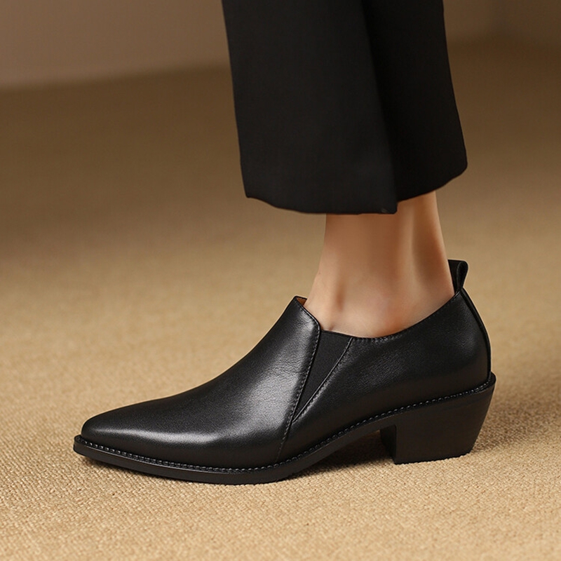 Spring/Autumn NEW Pumps Genuine Leather for Women Pointed Toe Chunky New Heel Casual Black Slip-on Handmade Shoes ed5c