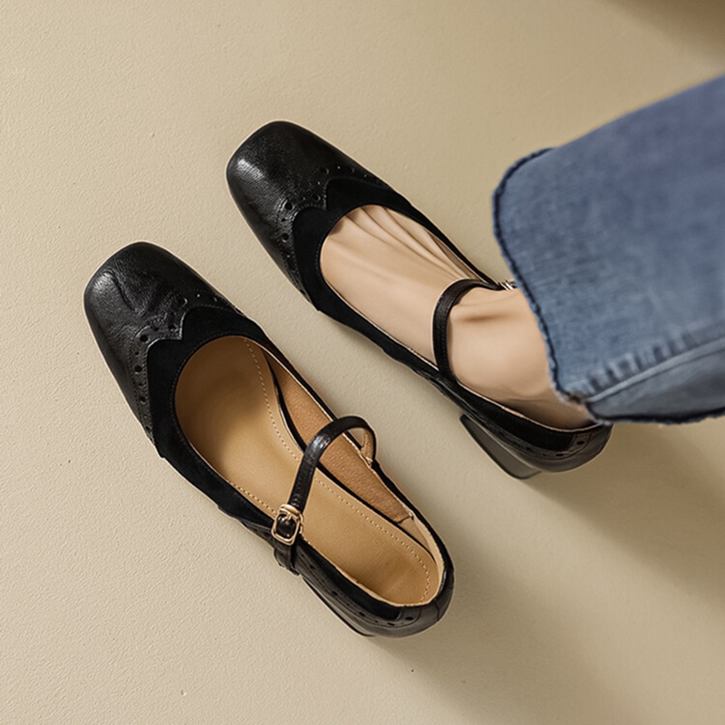 2025 new Pumps Spring/Autumn Square Toe Chunky Heel Sheep Suede Leather Shoes for Women Elegant High Heels Buckle Mary Janes febf s