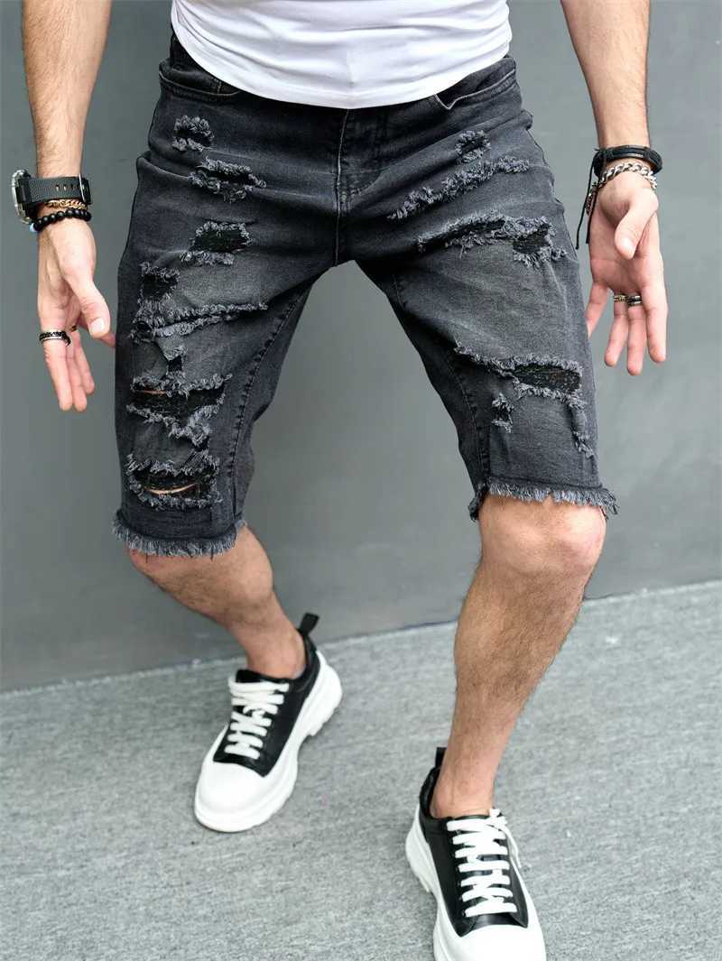 Men Shorts Summer Holes Slim Five-point Pants Street Stylish Casual Male Solid Straight Jeans Beach Denim ShortsX240914
