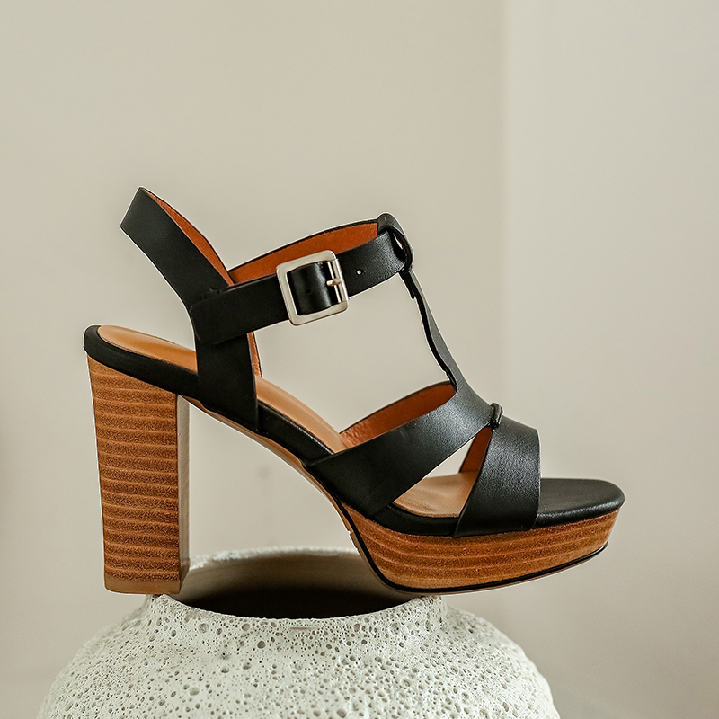 New cow Women's leather chunky platform t-strap sandals narrow band sexy ladies ultra high heel open toe summer dress pumps hot df22