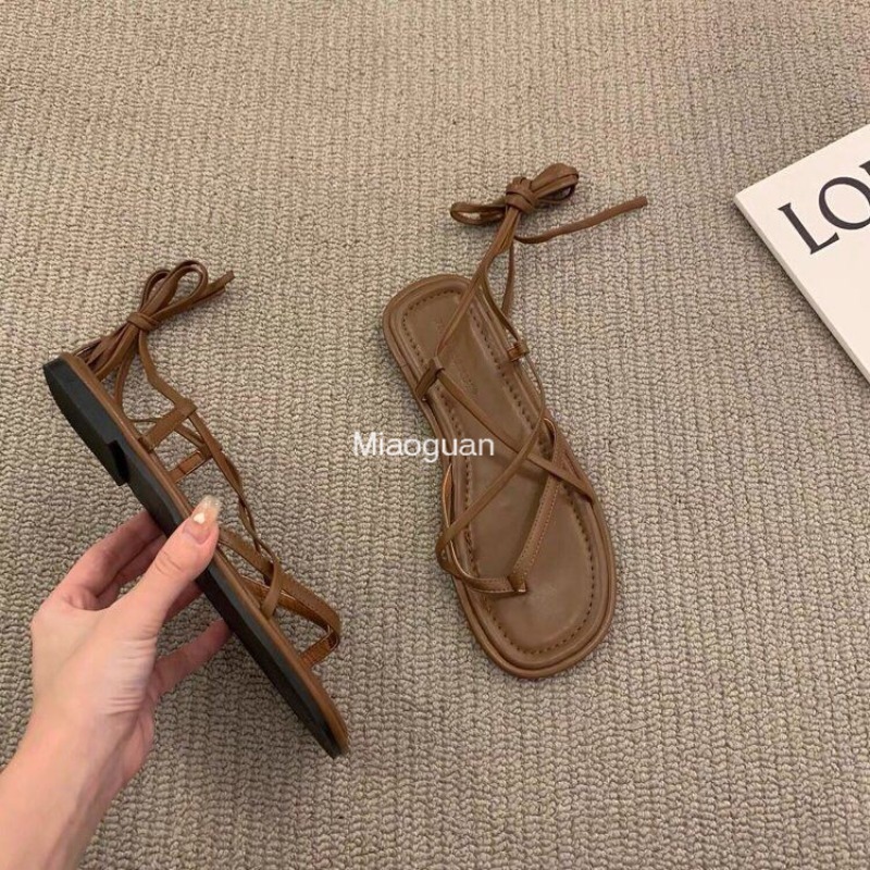 Korean Version 2024 New Summer Flat Lace-up Sandals Women's Shoes French Retro Lace-up Roman Shoes Sandal Round Head Non-slip PU
