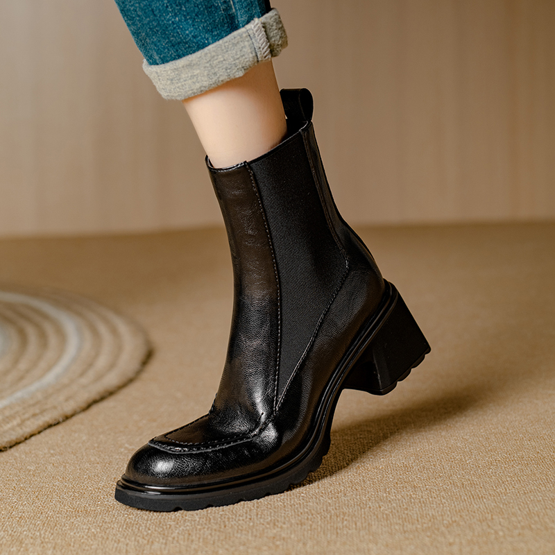New Autumn Winter Genuine Leather Fashion Round Toe Women Short Boots Chunky Heel Ladies Shoes e3f1